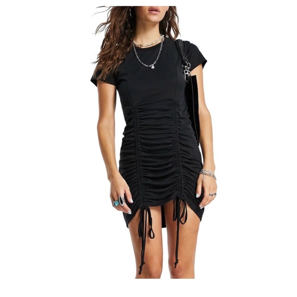 Topshop Women’s Mini Dress Double Ruching Black Size 4 Bodycon Night out Edgy